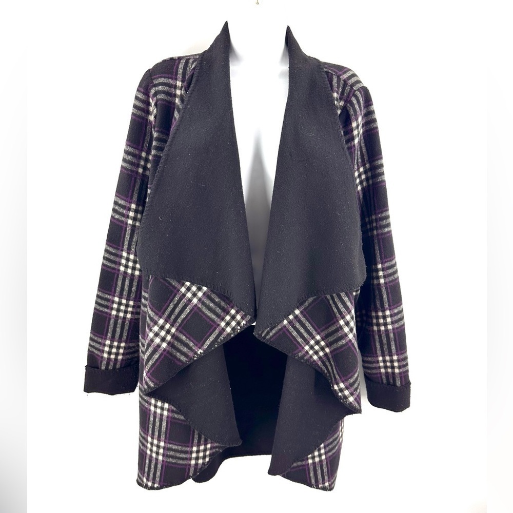 Soft Surroundings Blanket Cardigan Womens 1X Wool Blend Plaid Topper Cozy Soft